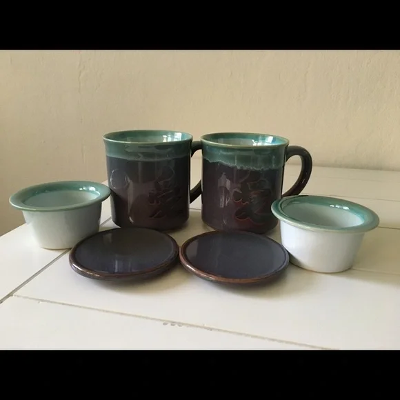Kotobuki Japanese Ceramic Tea Mugs With Strainer Set of 2 Blue Purple Green - Picture 2 of 8